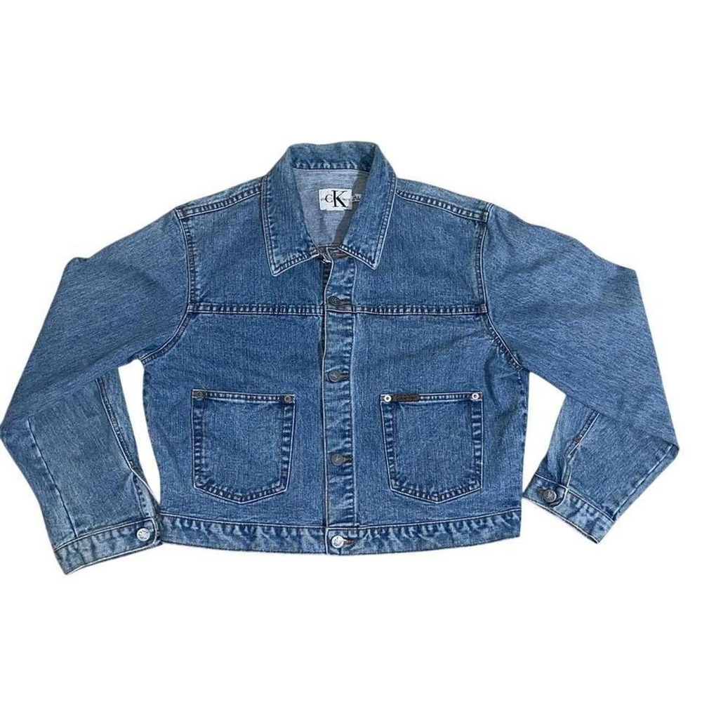 VTG 1990s Calvin Klein Jeans CK Denim Jacket Cropped Boxy Patch Pockets Size L